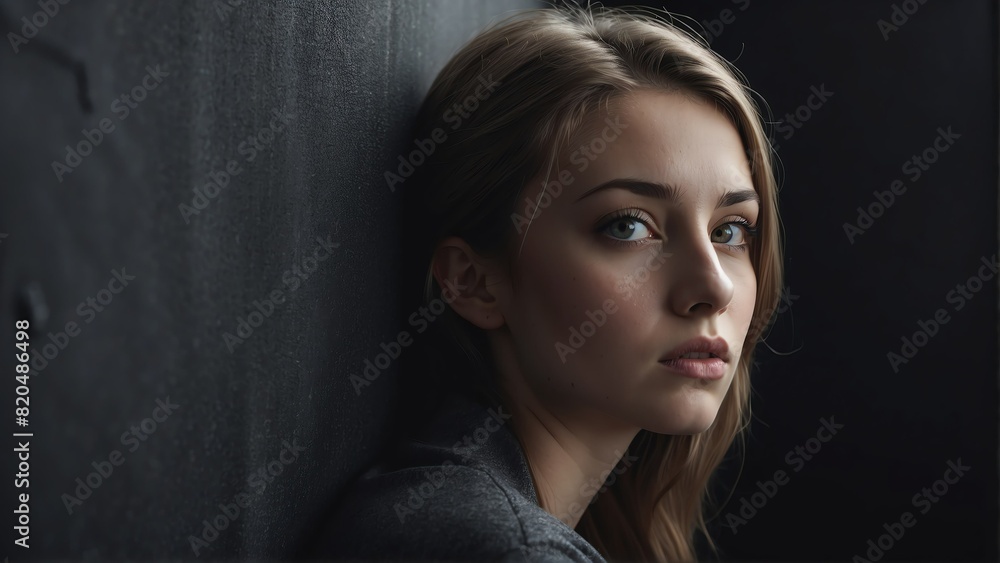 young caucasian woman peeking on a wall on plain black background from Generative AI young caucasian woman peeking on a wall on plain black background from Generative AI
