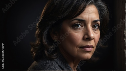 middleaged hispanic woman peeking on a wall on plain black background from Generative AI © Arceli