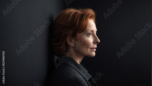 middleaged redhead woman peeking on a wall on plain black background from Generative AI