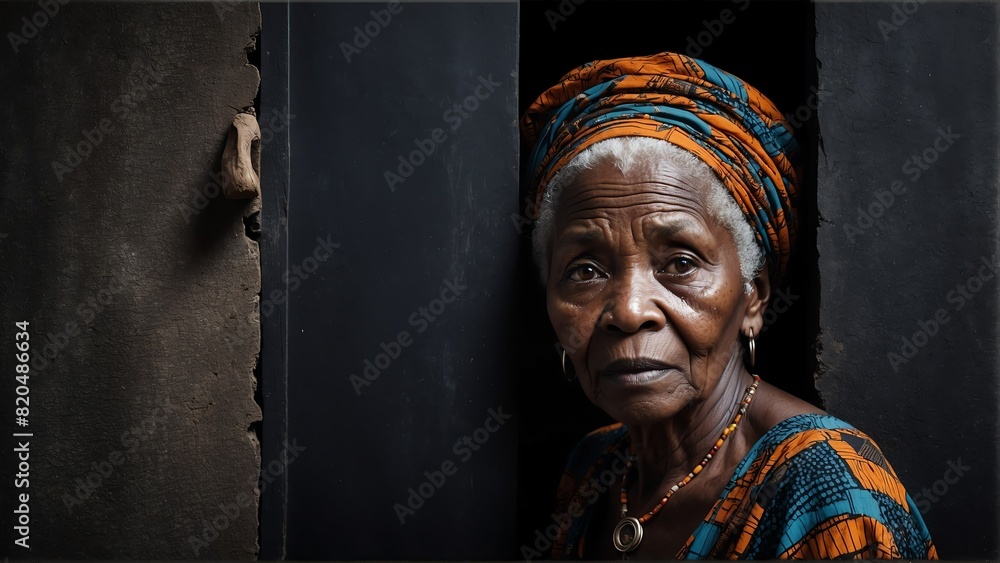 Naklejka premium elderly african woman peeking on a wall on plain black background from Generative AI