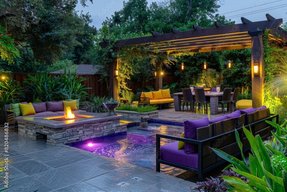 A modern outdoor living area with an unlit pool and purple and yellow couches under the shade of a wooden arbor in front of a dining table surrounded by chairs.