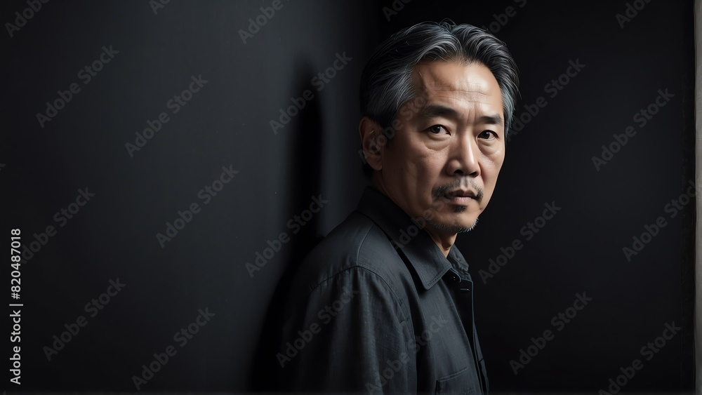middleaged asian man peeking on a wall on plain black background from Generative AI