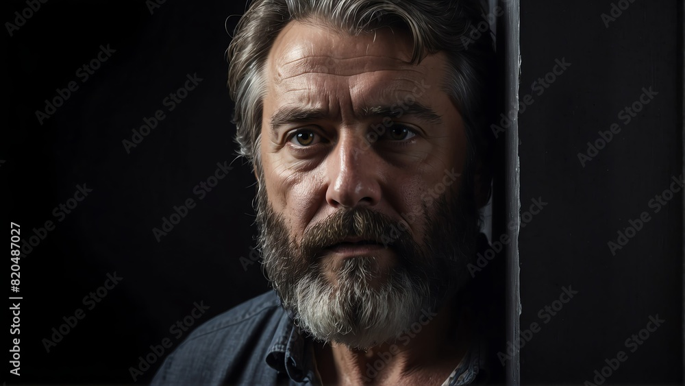 Fototapeta premium middleaged bearded man peeking on a wall on plain black background from Generative AI