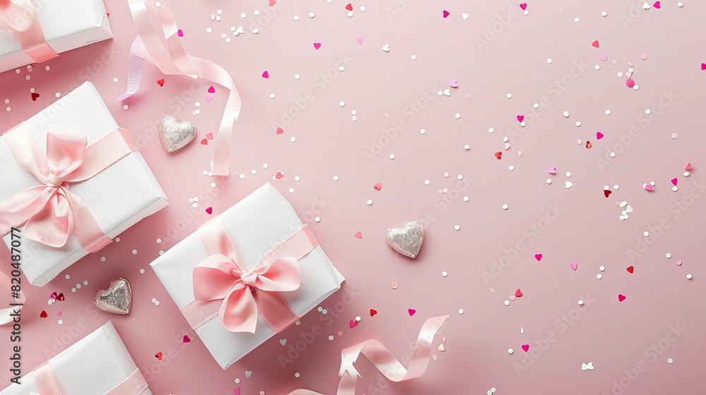 Top View of White Gift Boxes with Pink Bows, Ribbon, Silver Sequins, and Heart-Shaped Confetti on Pastel Pink Background Top View of White Gift Boxes with Pink Bows, Ribbon, Silver Sequins, and Heart-Shaped Confetti on Pastel Pink Background