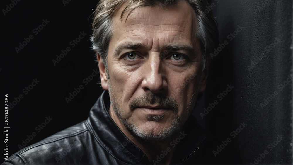 middleaged caucasian man peeking on a wall on plain black background from Generative AI middleaged caucasian man peeking on a wall on plain black background from Generative AI