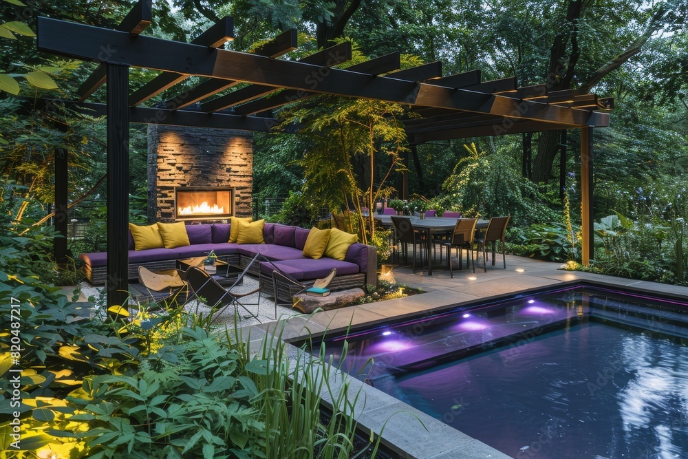 A modern outdoor living area with an unlit pool and purple and yellow couches under the shade of a wooden arbor in front of a dining table surrounded by chairs.