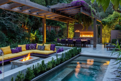 A modern outdoor living area with an unlit pool and purple and yellow couches under the shade of a wooden arbor in front of a dining table surrounded by chairs.