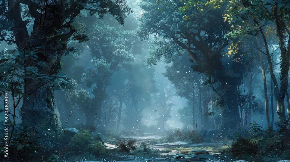A misty forest with towering trees, offering a mysterious and enchanting background A misty forest with towering trees, offering a mysterious and enchanting background