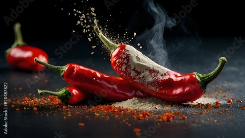 Spicy Red chili peppers suspended in mid-air against a black background, Red hot chili pepper