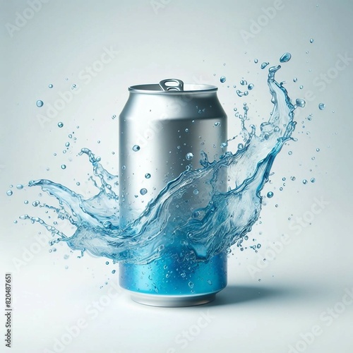 Mockup soft drink with silver can and blue splash isolated on white background, ready for object and retouch design. Generative AI.