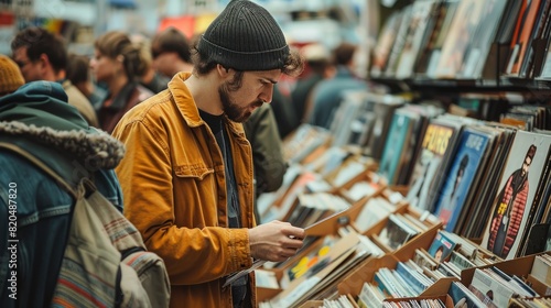 A man in yellow jacket and beanie hat browsing through vinyl records at a busy market stall filled with various music albums. © Rattanathip