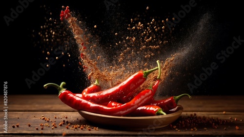 Red chili peppers with chili powder exploding on dark background