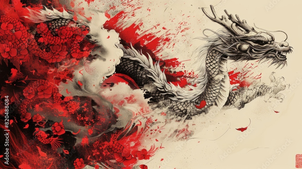 Abstract black and white dragon emerging from red splashes, blending traditional Asian art with modern design elements. Abstract black and white dragon emerging from red splashes, blending traditional Asian art with modern design elements.
