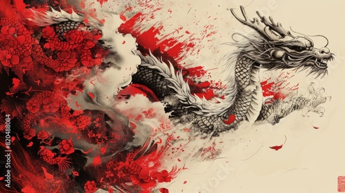 Abstract black and white dragon emerging from red splashes, blending traditional Asian art with modern design elements.
