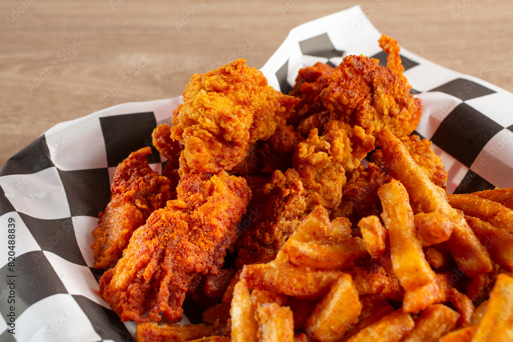 A view of a basket of Nashville chicken strips. A view of a basket of Nashville chicken strips.