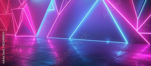 Ruby lavender mint color neon abstract background with glowing triangle lines ultraviolet light laser show wall reflection triangular shape. 