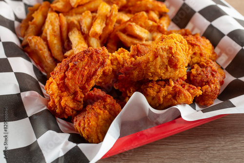 фотографія A view of a basket of Nashville chicken tenders and french fries.
