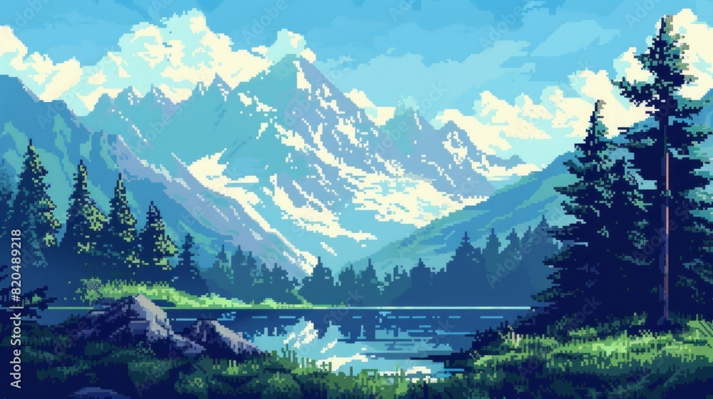 snow mountain and lake landscape background with 1-bit pixel style, Ai Generated Images. snow mountain and lake landscape background with 1-bit pixel style, Ai Generated Images.