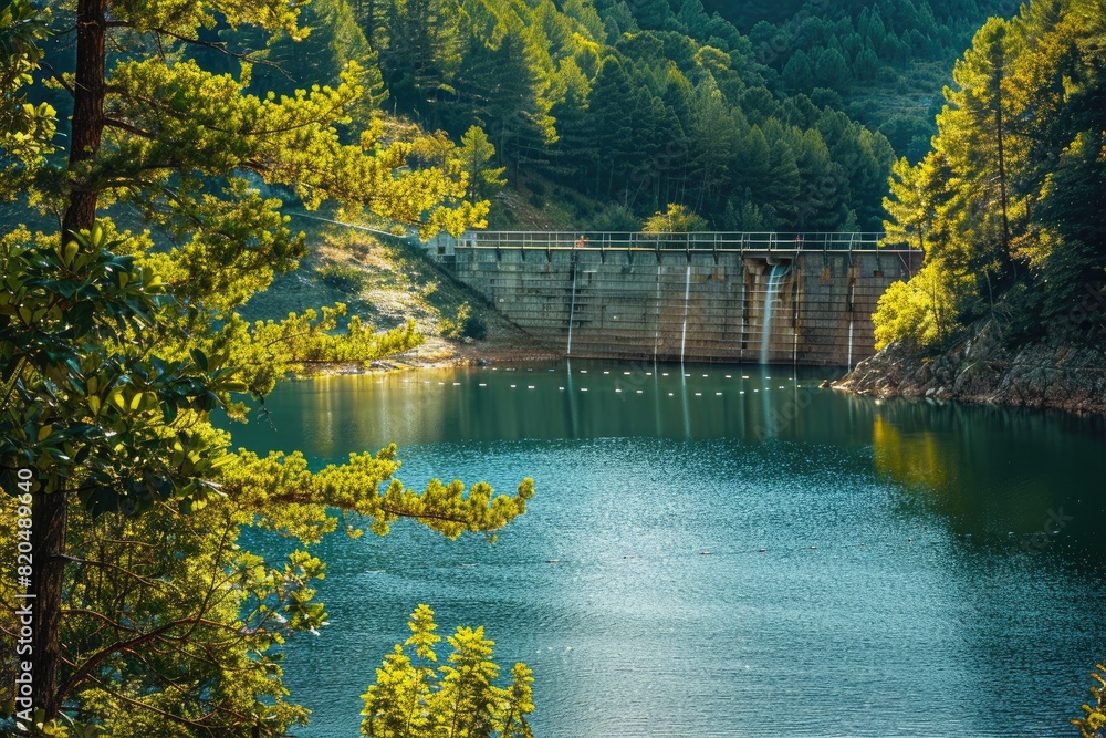 Vibrant green trees swaying gently in the breeze near a sturdy dam, with the clear waters below reflecting the serene beauty of the landscape.