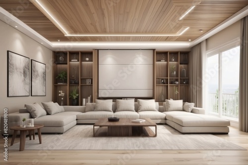 Modern Beige Living Room Design With Wooden False Ceiling