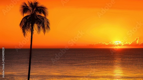 A solitary palm tree silhouetted against a stunning orange sunset over a calm ocean horizon