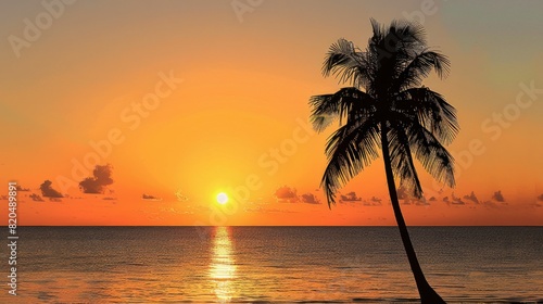 A solitary palm tree silhouetted against a stunning orange sunset over a calm ocean horizon © kwledge