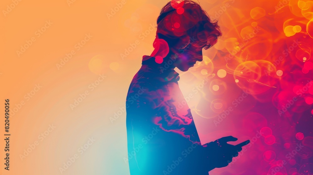 Obraz premium Silhouette of a man on phone with vibrant abstract background, conveying technology and modern lifestyle, in artistic double exposure style.
