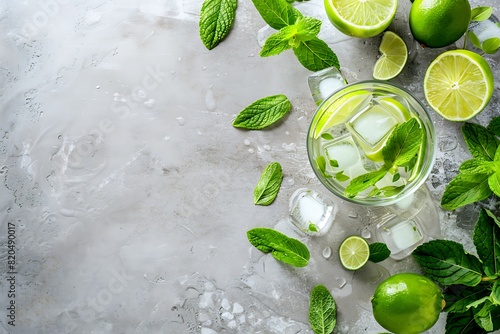 Homemade lemonade or mojito cocktail with lime, mint and ice cubes in a glass on a light stone table. Fresh summer drink. Top view with copy space.