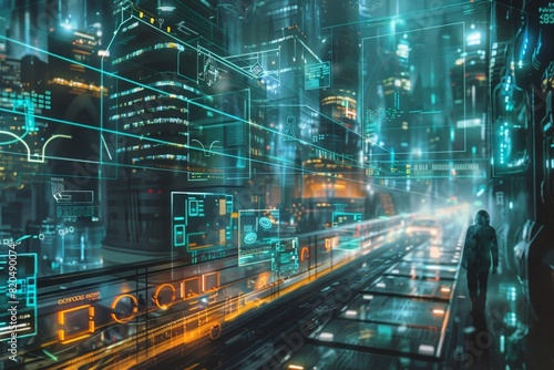 Futuristic Cityscape with Holographic Weather and Urban Displays 