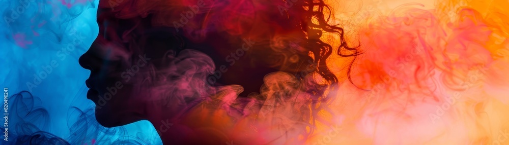 Fototapeta premium Silhouette of a person in a mist of vibrant colors, blending blue and orange hues, creating a mystical and artistic atmosphere.