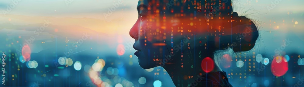 Silhouette of a person in profile with futuristic digital data overlay, city lights in the background, representing technology and innovation. Silhouette of a person in profile with futuristic digital data overlay, city lights in the background, representing technology and innovation.