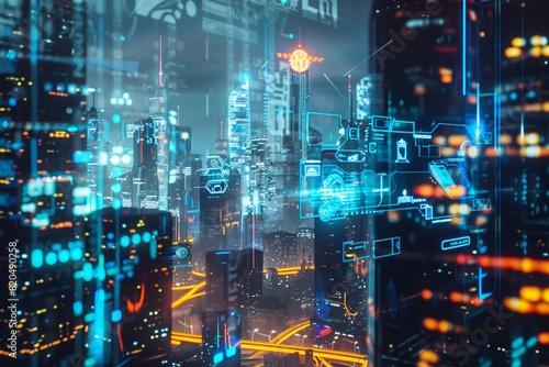 Futuristic Cityscape with Holographic Weather and Urban Displays 