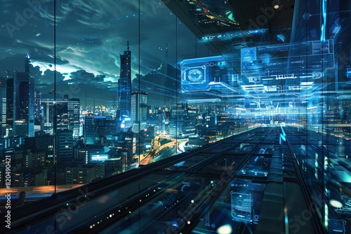 Futuristic Cityscape with Holographic Weather and Urban Displays 