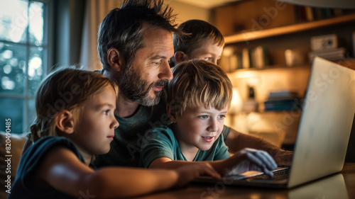 Family and Work: Father Using Laptop with Kids Observing, Illustrating Work-from-Home Environment