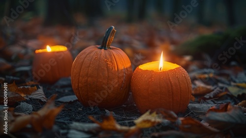 Illuminated pumpkins creating magical and spooky effect against twilight sky and darkened room