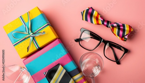 Vibrant Father's Day arrangement: gift box, striped tie, and glasses waiting to be enjoyed.