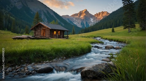 Small cabin in a valley with a river and mountains.