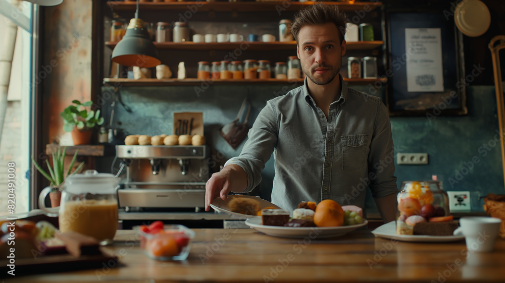 Man in Cafe Considering Snacks. Illustrating a Craving and Confusion when Eat Food Man in Cafe Considering Snacks. Illustrating a Craving and Confusion when Eat Food