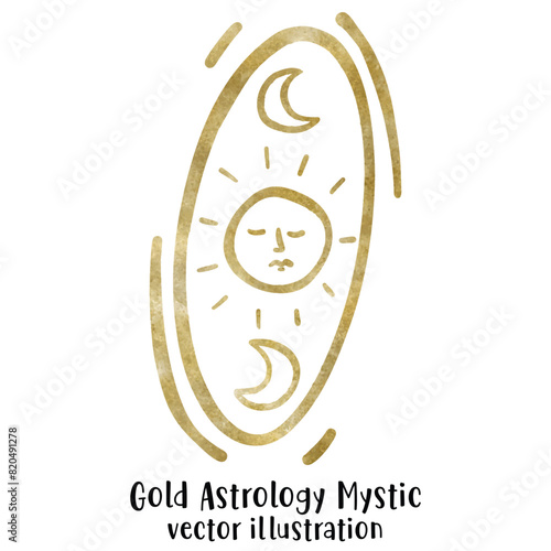 Gold Sun Illustration with Mystical Celestial Face and Abstract Rays