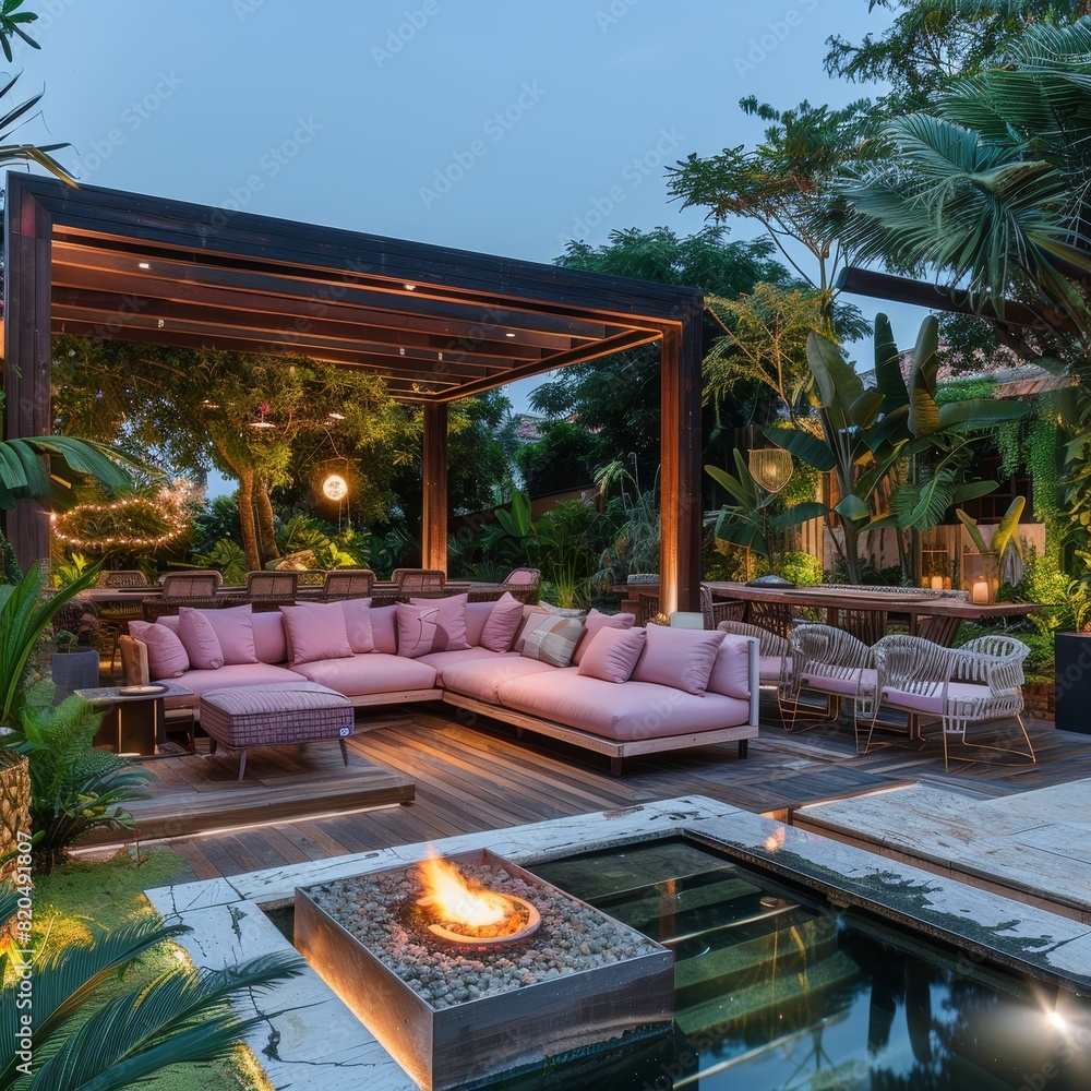 A modern outdoor living area with an unlit pool and purple and yellow couches under the shade of a wooden arbor in front of a dining table surrounded by chairs. A modern outdoor living area with an unlit pool and purple and yellow couches under the shade of a wooden arbor in front of a dining table surrounded by chairs.