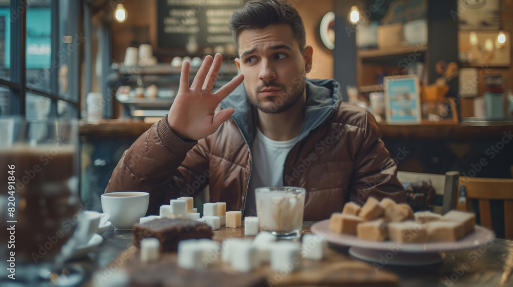 Sugar-Free Lifestyle: Man at Coffee Shop Declining Sugar, Coffee, and Sweets Illustrating Sugar Diet Commitment Sugar-Free Lifestyle: Man at Coffee Shop Declining Sugar, Coffee, and Sweets Illustrating Sugar Diet Commitment