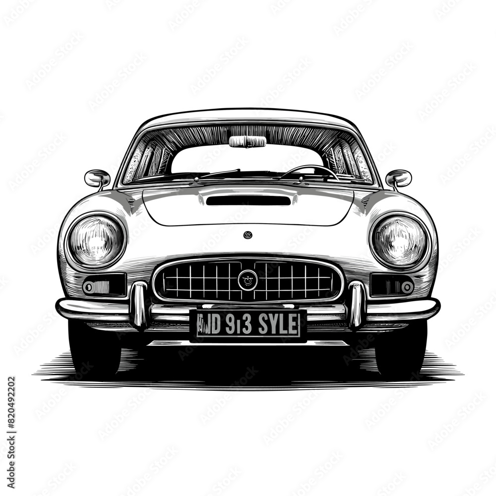 Classic car ink sketch drawing, black and white, engraving style vector illustration
