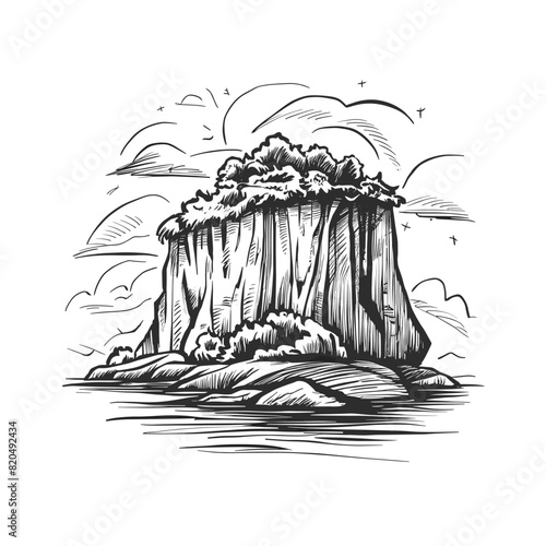 Cliff monochrome ink sketch vector drawing, engraving style illustration