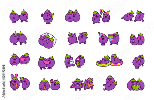 Cute eggplant couple. Funny cartoon characters. Hand drawn style. Vector drawing. Collection of design elements.