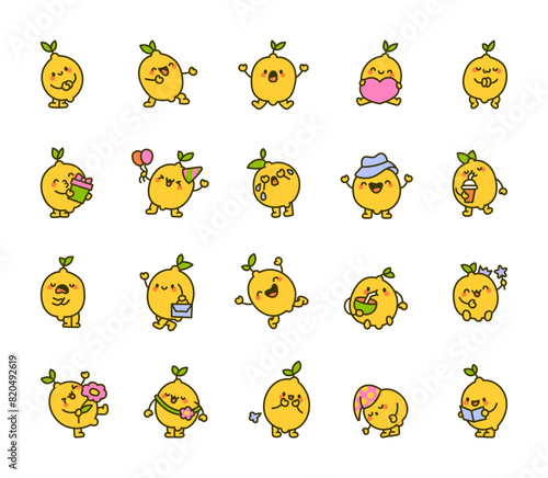 Cartoon lemon character. Funny hero. Hand drawn style. Vector drawing. Collection of design elements.