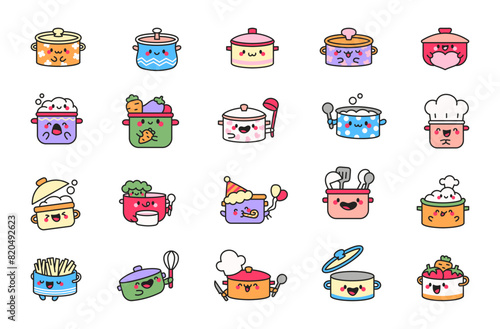 Cute kawaii cooking pots. Funny cartoon characters. Hand drawn style. Vector drawing. Collection of design elements.