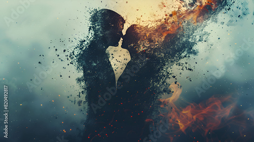 Conceptual abstraction on the theme of divorce the silhouette of a couple collapses and turns into ashes, generative Ai