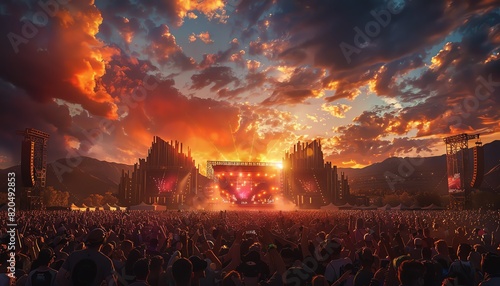 Stunning music festival stage at sunset, highdefinition visuals, toptier performers, massive audience, captivating lights, Midjourney rendering photo