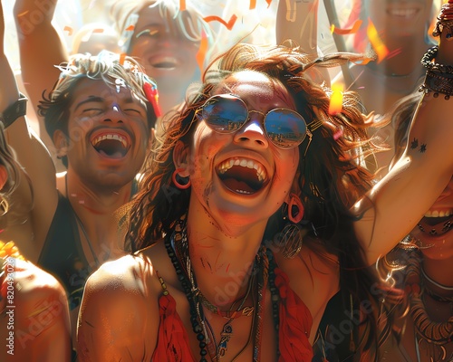 Ultraclear photo of festivalgoers laughing together, festive mood, highenergy environment, detailed background, Midjourney rendering photo