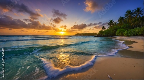 tropical beach sunset with white sand, highly detailed, 8k, wallpaper, nature ocean, peaceful nature scenic relax paradise